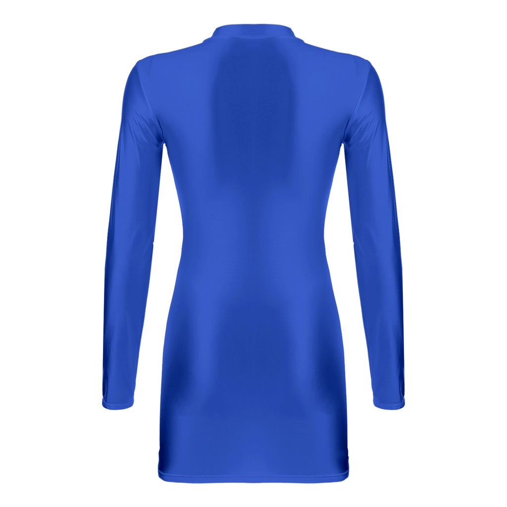 Women Glossy Bodycon Dress Long Sleeve Oil Shiny Smooth Mini Pencil Dress Stretchy Mock Neck Tight  Party Dresses Dance Clubwear