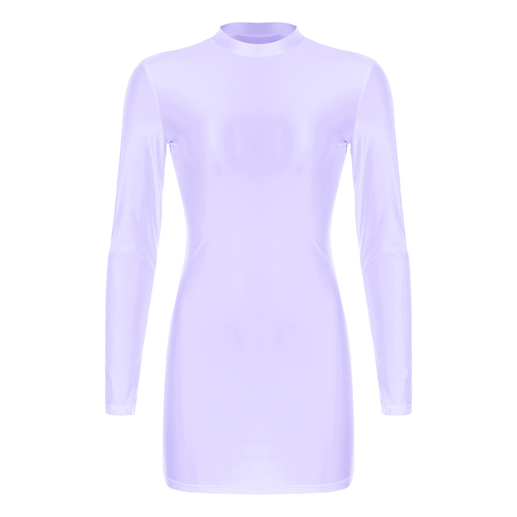 Women Glossy Bodycon Dress Long Sleeve Oil Shiny Smooth Mini Pencil Dress Stretchy Mock Neck Tight  Party Dresses Dance Clubwear