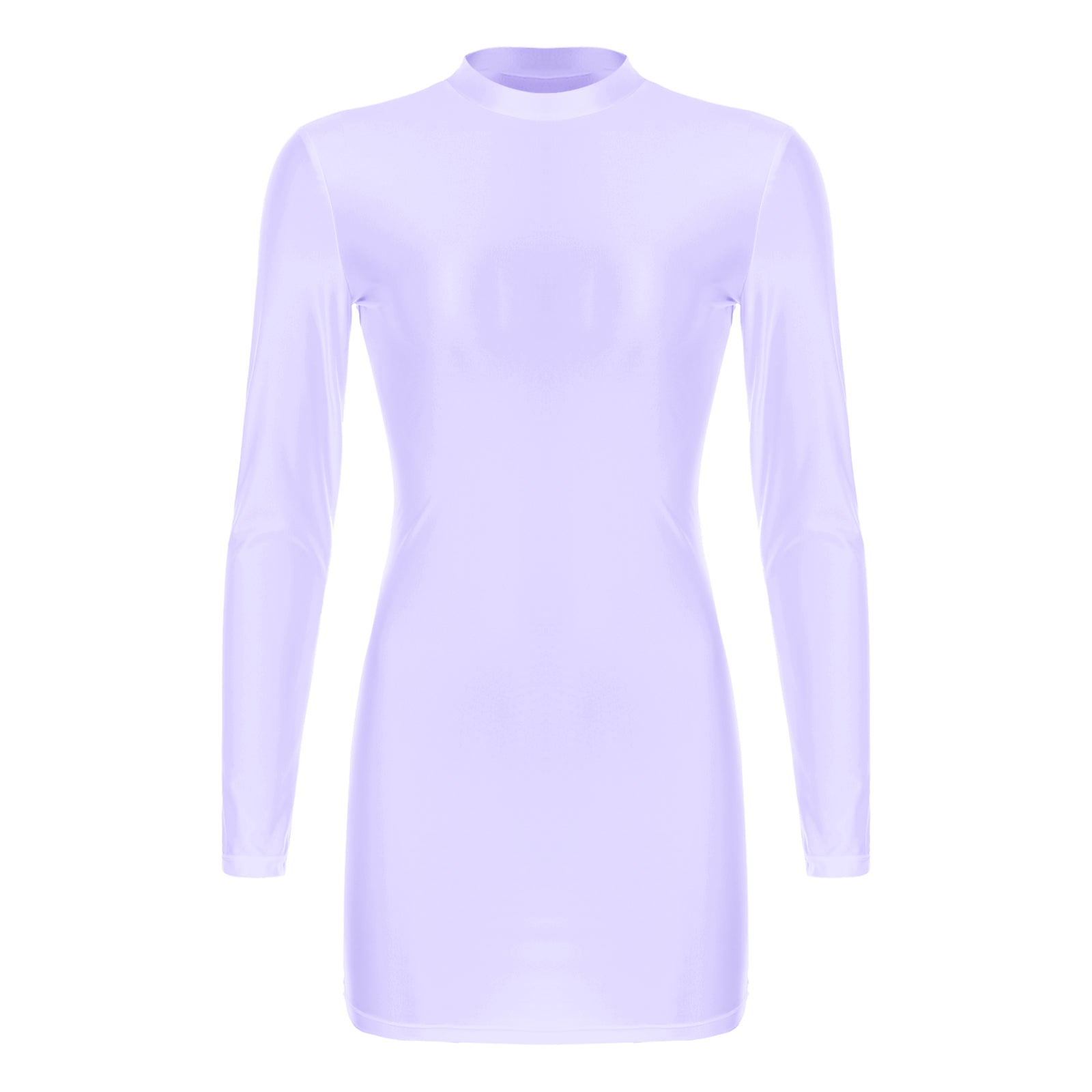 Women Glossy Bodycon Dress Long Sleeve Oil Shiny Smooth Mini Pencil Dress Stretchy Mock Neck Tight  Party Dresses Dance Clubwear