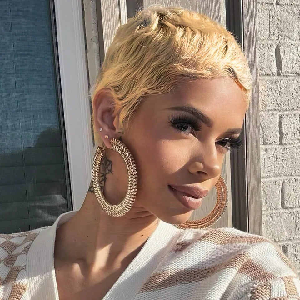 Straight Pixie Cut Wig With Bangs Human Hair Wig 27 Color Blonde Short Style Full Machine Made Wig