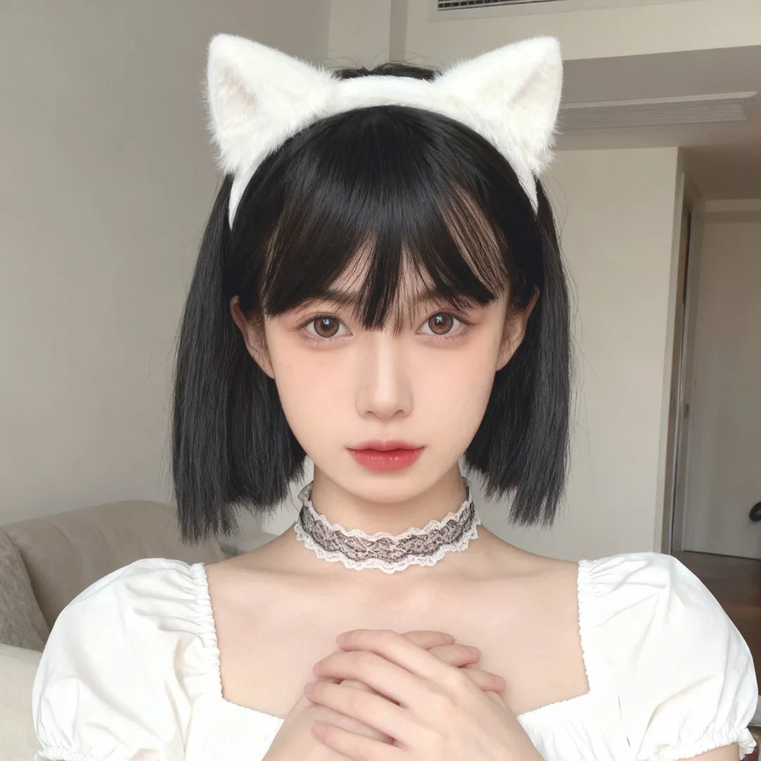 Black short hair with straight bangs, synthetic wig, costume party, cosplay, role-playing, daily wig, full head coverings