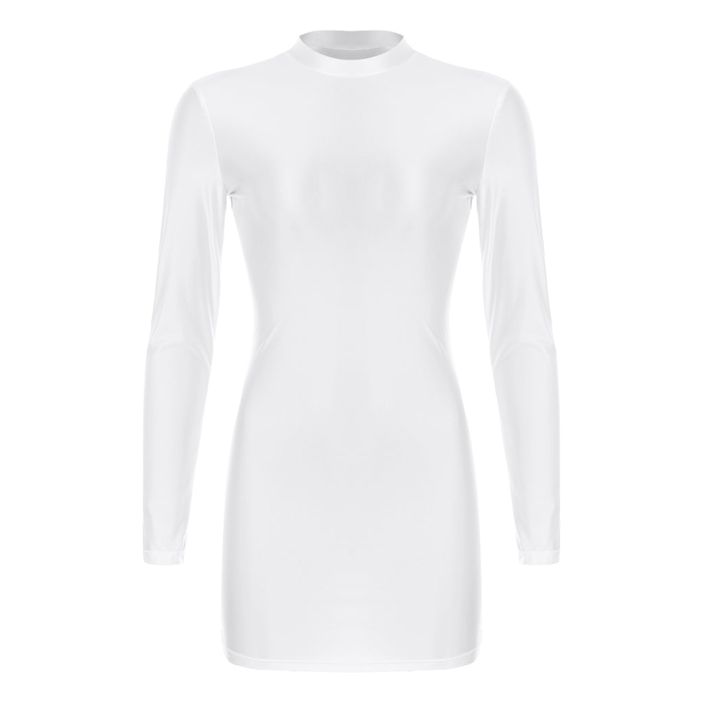 Women Glossy Bodycon Dress Long Sleeve Oil Shiny Smooth Mini Pencil Dress Stretchy Mock Neck Tight  Party Dresses Dance Clubwear