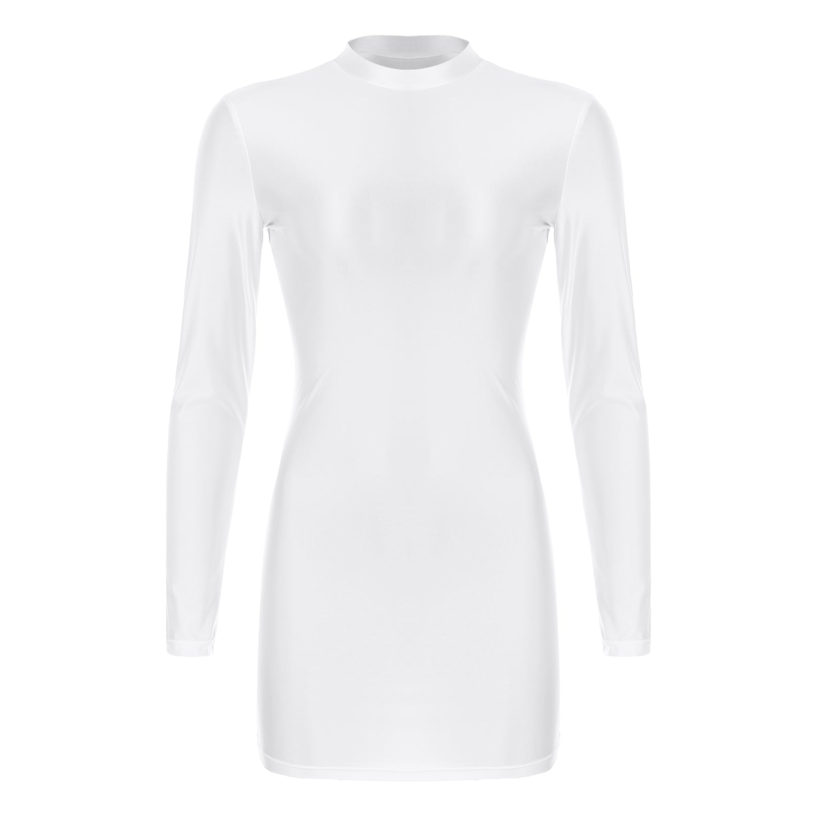 Women Glossy Bodycon Dress Long Sleeve Oil Shiny Smooth Mini Pencil Dress Stretchy Mock Neck Tight  Party Dresses Dance Clubwear