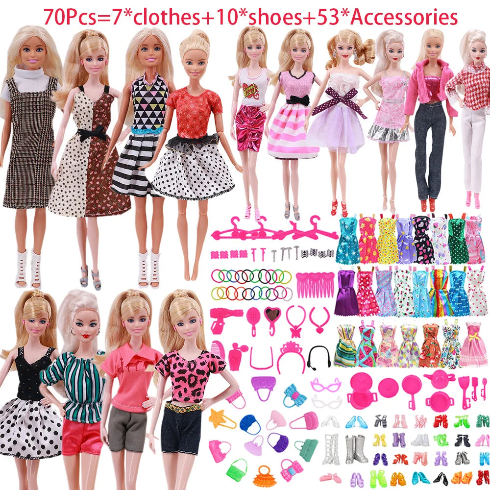 70Pcs Doll Accessories=7*Clothes+10*Shoes+53*Accessories Dresses Kitchenware Comb Bag Necklace For 30cm Doll Accessories Gifts