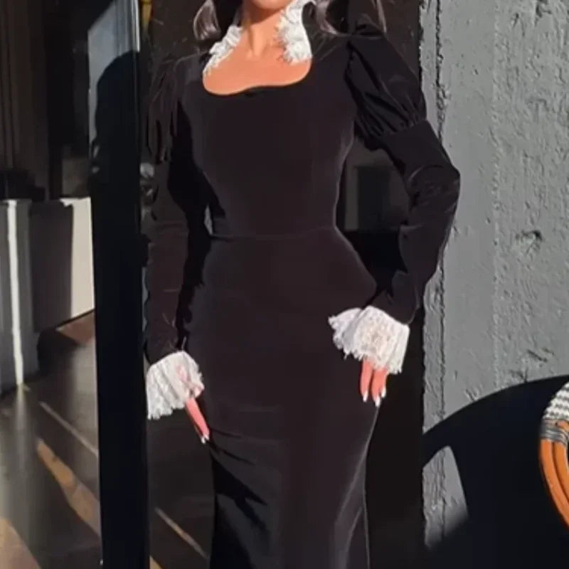 Sexy Lace Patchwork Velvet Long Dress Women Square Collar Full Sleeves Waist Slim Cinching Dresses 2026 Lady Party Vestidos New