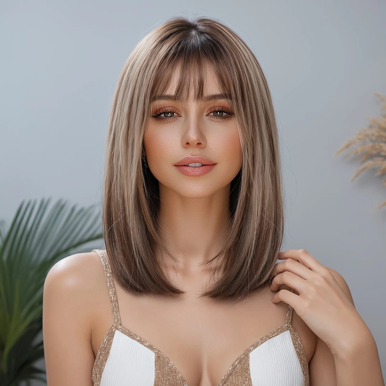 Elegant straight hair wig, 40.64 cm, champagne gold gradient synthetic wig, brownish-black hair roots, high-temperature fiber, l