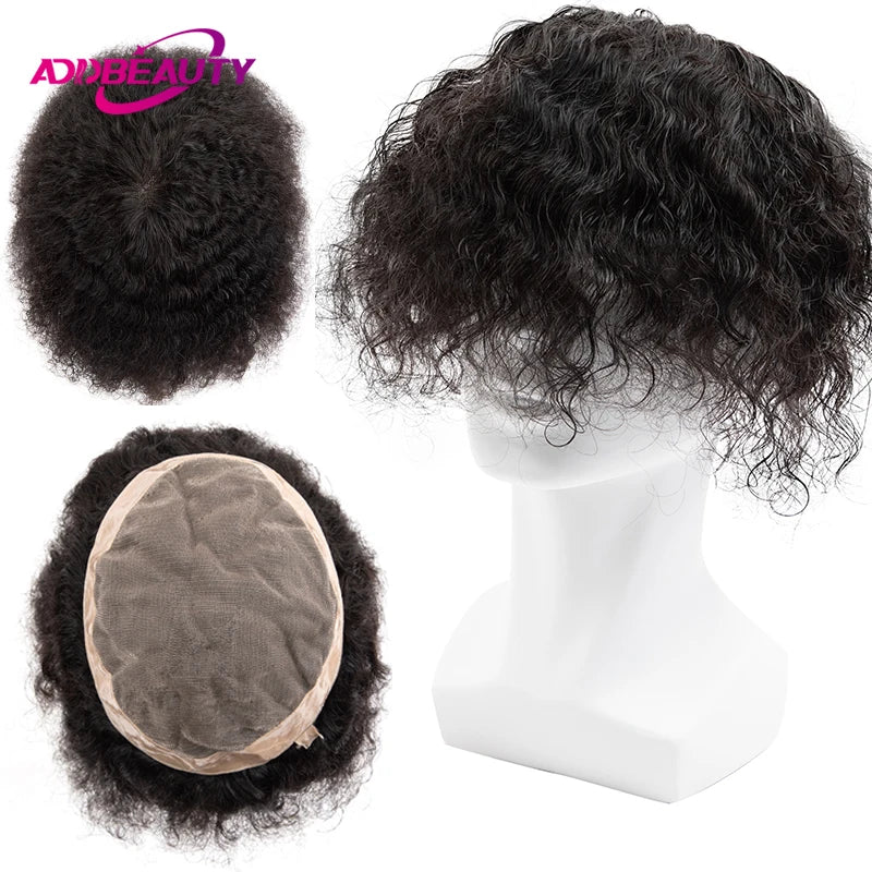 Water Wave Men Toupee Human Hair Fine Mono NPU Indian Human Hair Wigs Afro Human Hair System Curly Hair Toppers Natural Color