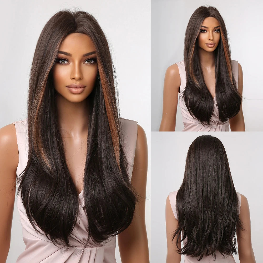 JONRENAU Long Straight Hair with Bangs Ombre Dark Black Brown to Blonde Synthetic Wigs for Women Party Daily Cosplay Use Wig