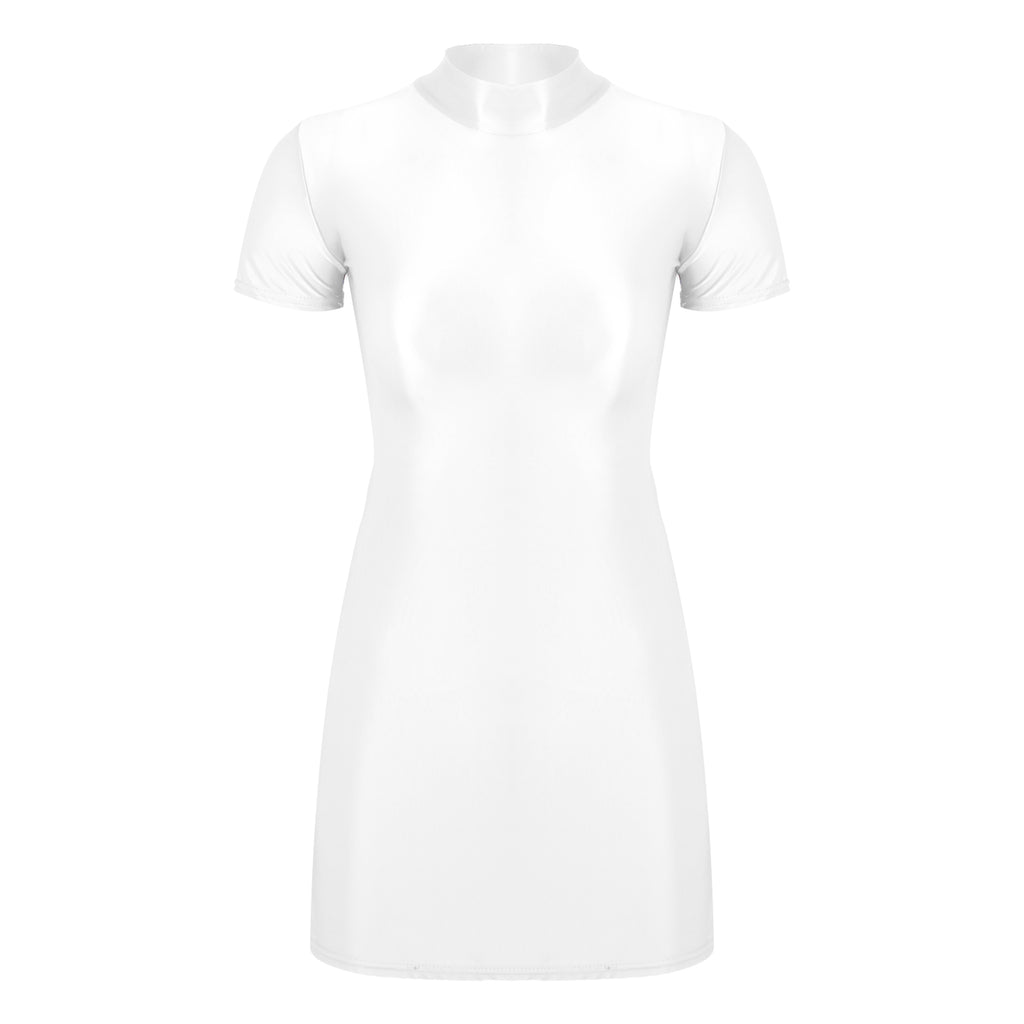 Women Glossy Bodycon Dress Long Sleeve Oil Shiny Smooth Mini Pencil Dress Stretchy Mock Neck Tight  Party Dresses Dance Clubwear