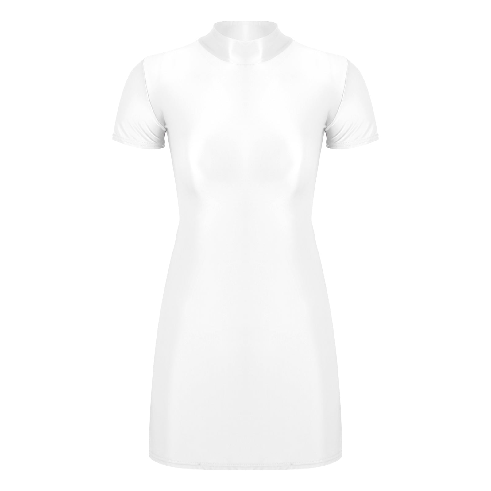 Women Glossy Bodycon Dress Long Sleeve Oil Shiny Smooth Mini Pencil Dress Stretchy Mock Neck Tight  Party Dresses Dance Clubwear