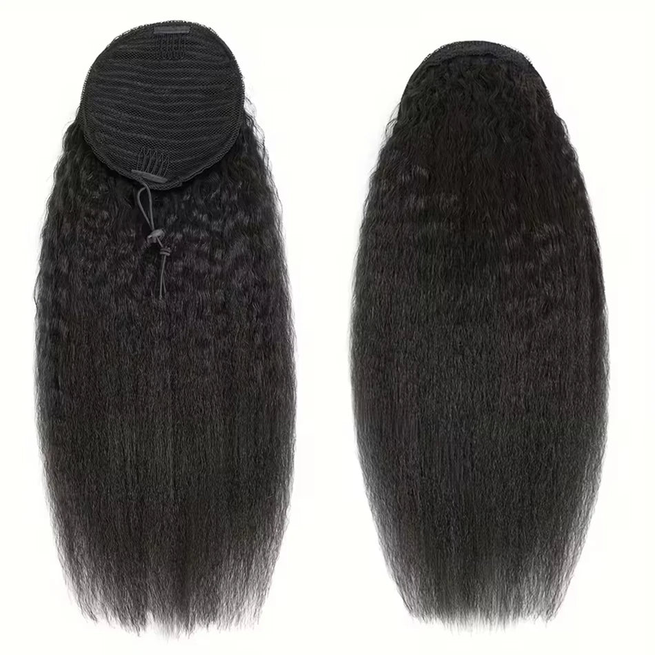 Human Hair Kinky Straight Ponytails Drawstring Extension 12-24 Inch Yaki Straight Hair Clip in Pony Tail for Black Women