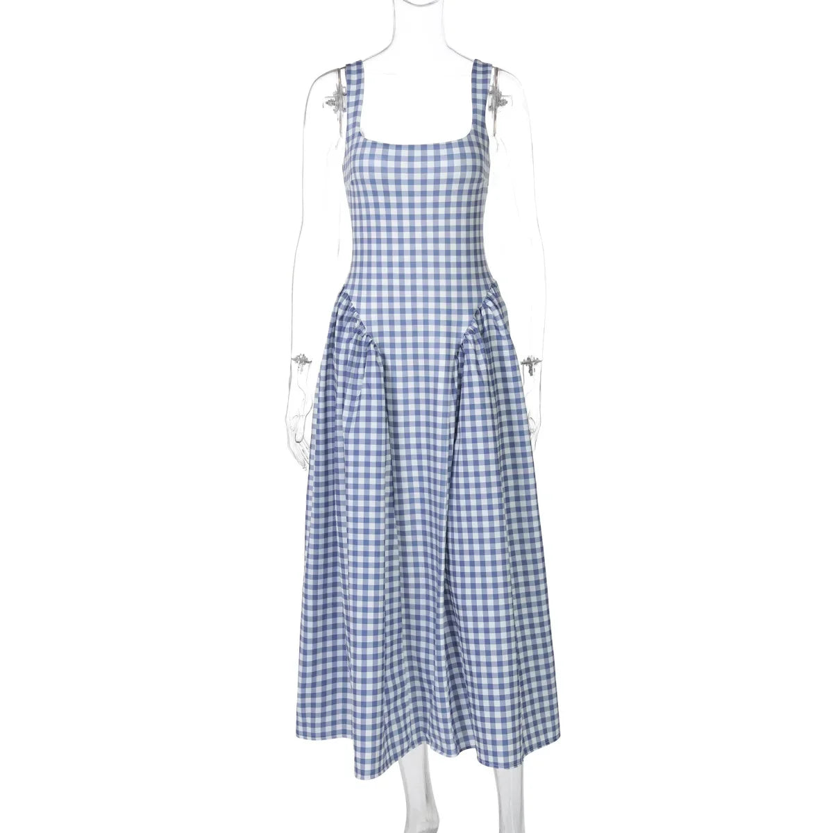 Lady Solid Sleeveless Sling Dress Backless Slim Pleated Hem Square Neck Plaid A-line Dresses Women Vacation Summer Midi Robes