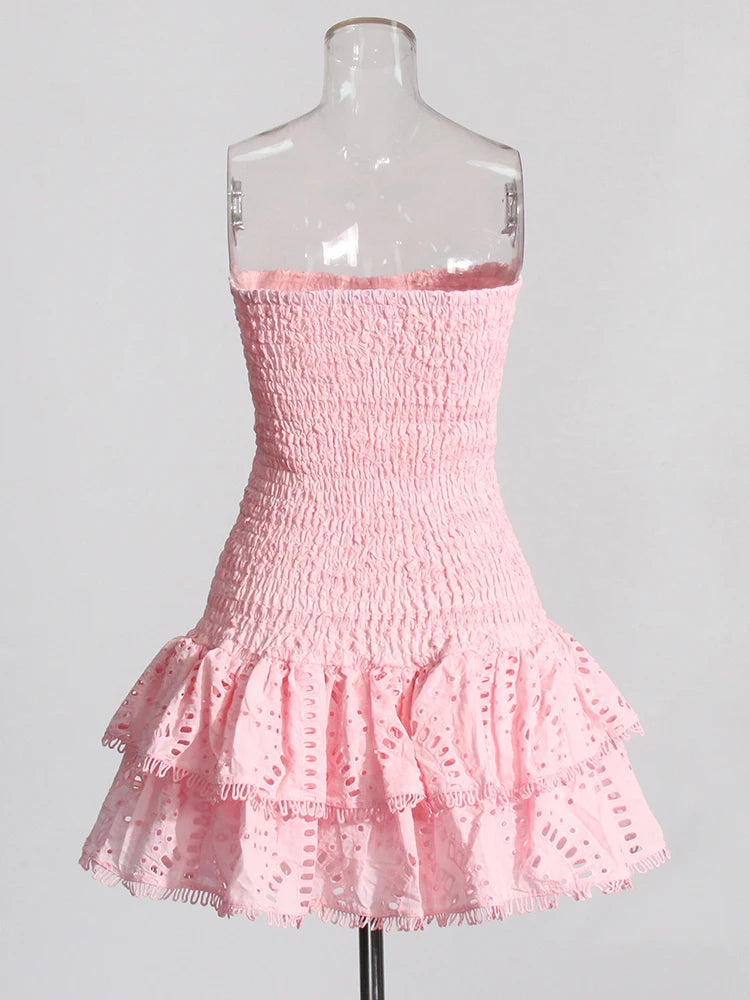 TWOTWINSTYLE Designer Mini A Line Dresses Strapless Sleeveless High Waist Spliced Ruffles Hem Elegant Slimming Dress Female New