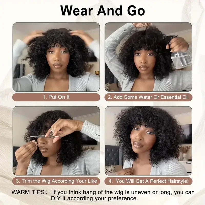 Indian Curly Human Hair Wigs Full Machine Made for Women Short Bob With Bangs Affordable Natural Black Hairline Styling Ready