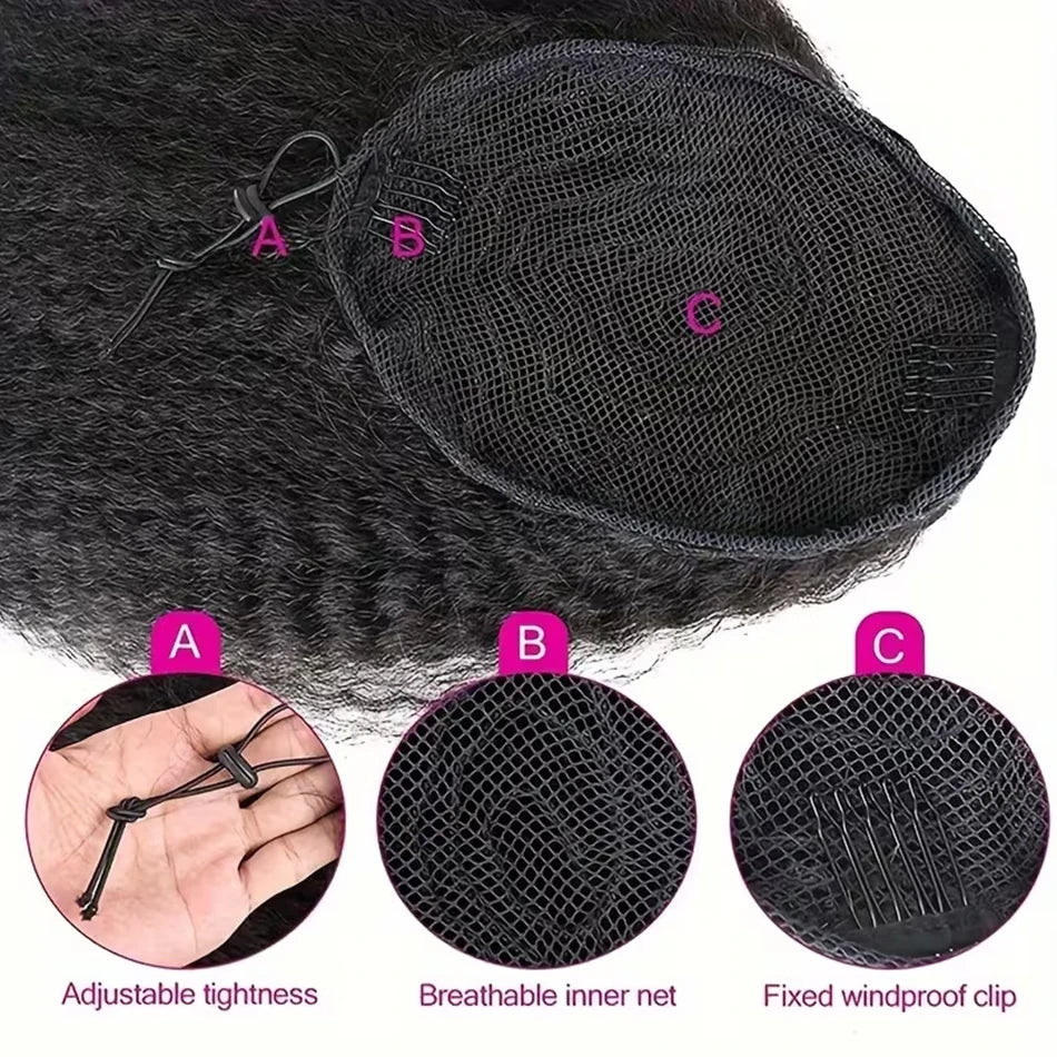Human Hair Kinky Straight Ponytails Drawstring Extension 12-24 Inch Yaki Straight Hair Clip in Pony Tail for Black Women