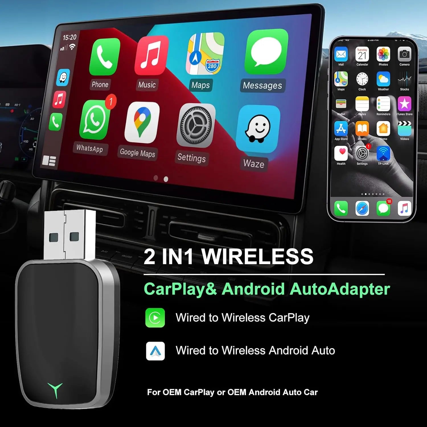 Mini Wireless CarPlay & Android Auto Adapter – Plug & Play Dongle, Convert Wired to Wireless, USB-A/C, Compatible with 2016+ Car