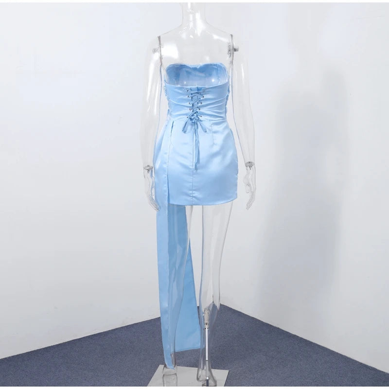 Elegant Satin Pearl Strapless Mini Dress Women Chic Off-shoulder Pleated Slim Female Party Dresses Summer Ribbon Lady Party Robe