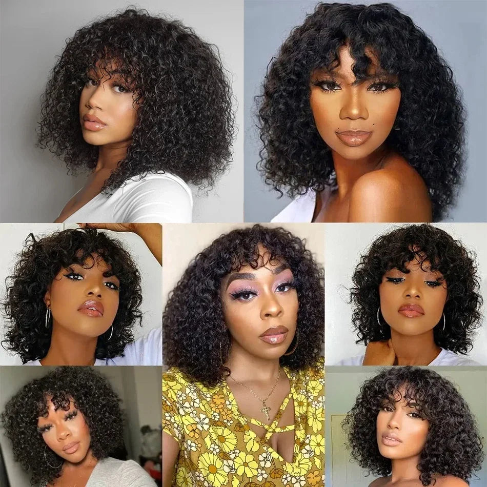Indian Curly Human Hair Wigs Full Machine Made for Women Short Bob With Bangs Affordable Natural Black Hairline Styling Ready