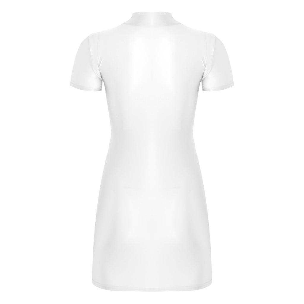 Women Glossy Bodycon Dress Long Sleeve Oil Shiny Smooth Mini Pencil Dress Stretchy Mock Neck Tight  Party Dresses Dance Clubwear