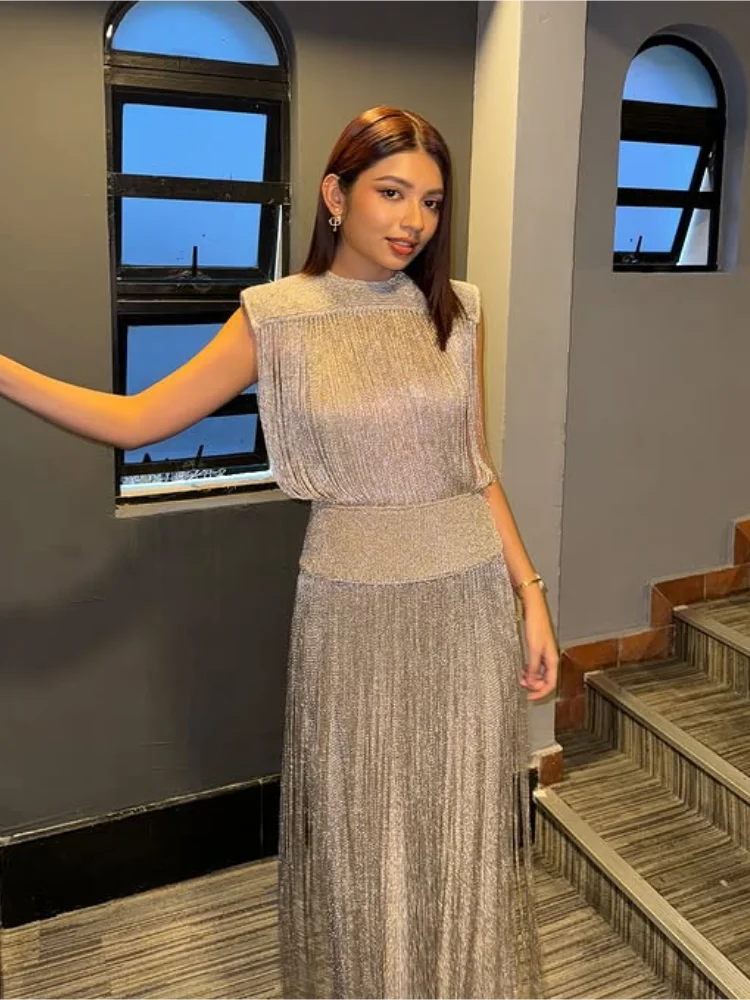 Fringed Sequin Long Dress Tassel Glitter Sleeveless Party Gown Waisted Cinched Elegant O-neck Fringed Dresses Women 2 Piece Set