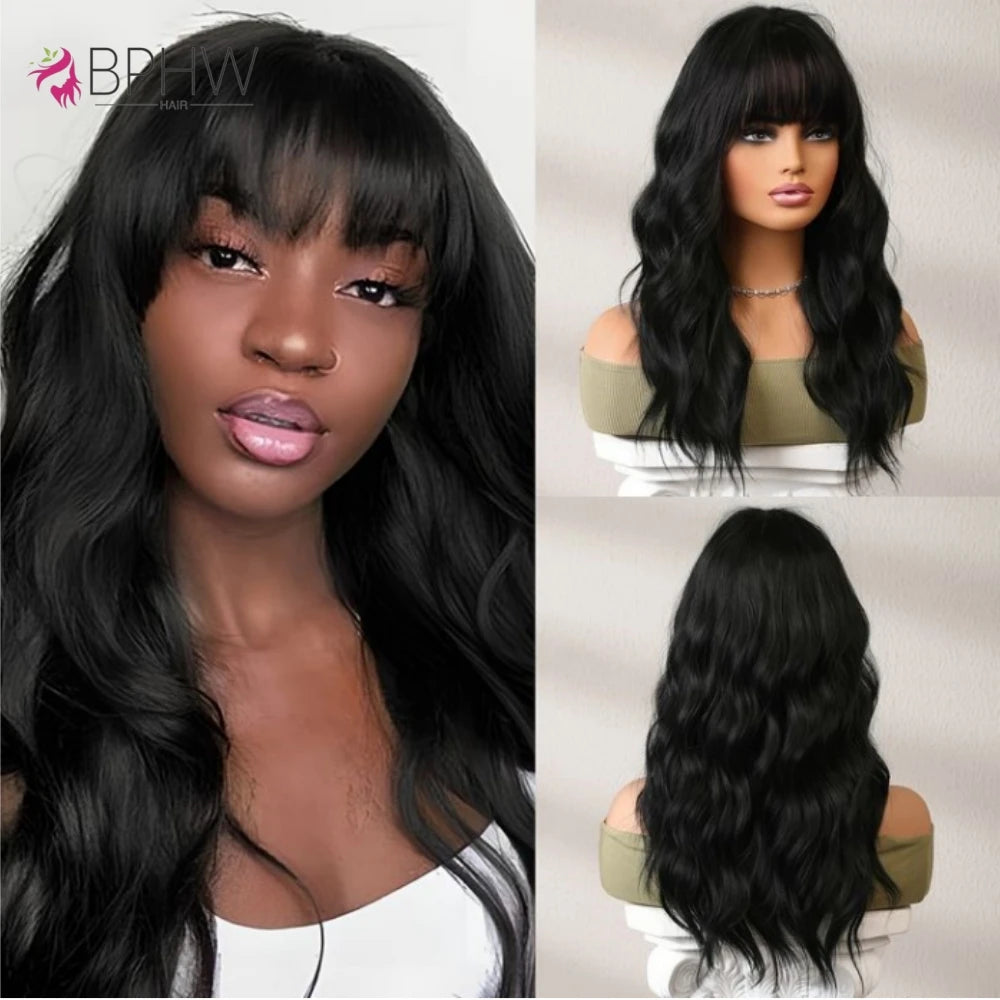 Body Wave Human Hair Wigs With Bangs 180 Density Wave Wig With Bangs Machine Made Wig Human Hair Natural Color Wigs Long Wigs