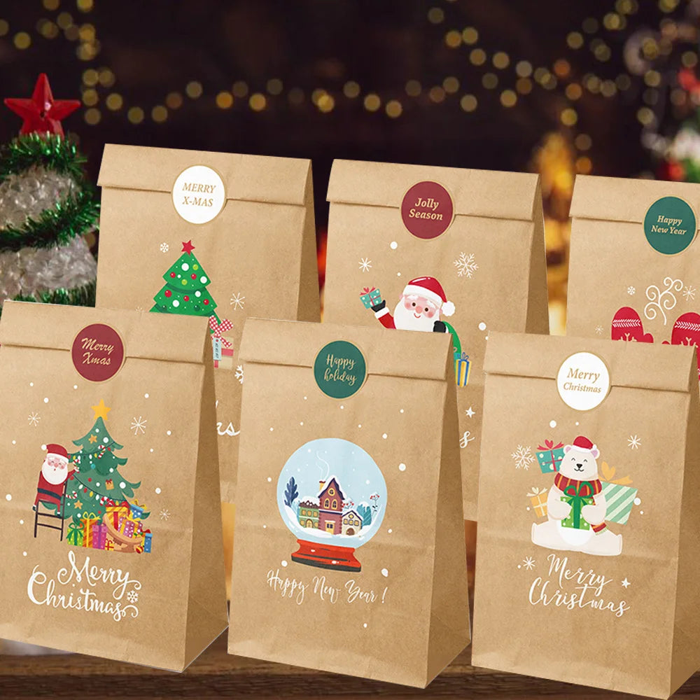 12/24pcs Retro Christmas Kraft Paper Bags Xmas Party Favor Bag Gift Pouch Holiday Present Wrapping Supplies Christmas Gift