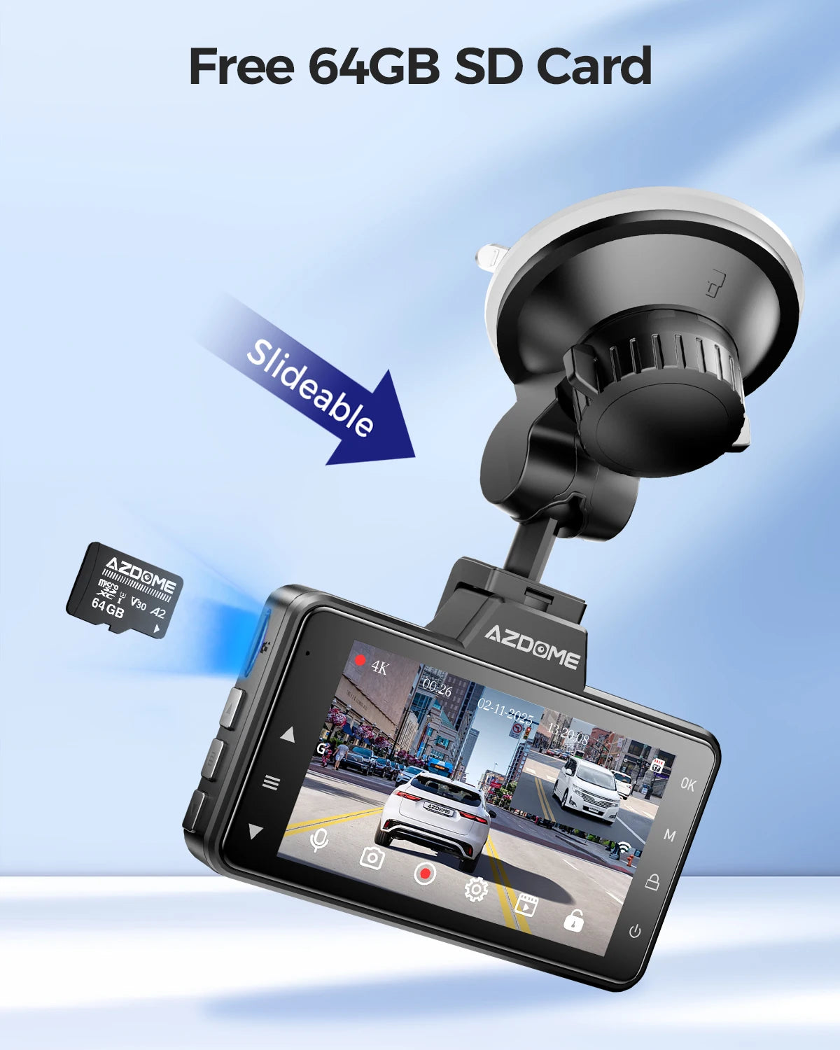 AZDOME 4K Dash Cam M01 Pro 3" Screen Front and Rear Camera for Car Built-in ADAS Wifi G-Sensor Car DVR 24H Parking Mode