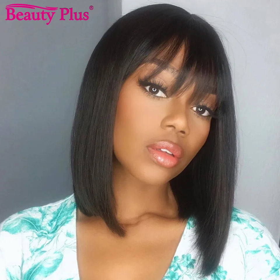 Bob Wig With Bangs Straight Human Hair Glueless Fringe Wig For Black Women Natural Black Brazilian Full Machine Made