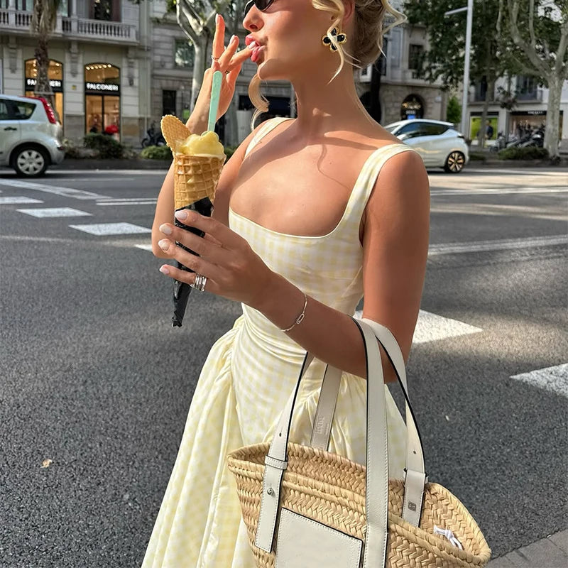 Lady Solid Sleeveless Sling Dress Backless Slim Pleated Hem Square Neck Plaid A-line Dresses Women Vacation Summer Midi Robes