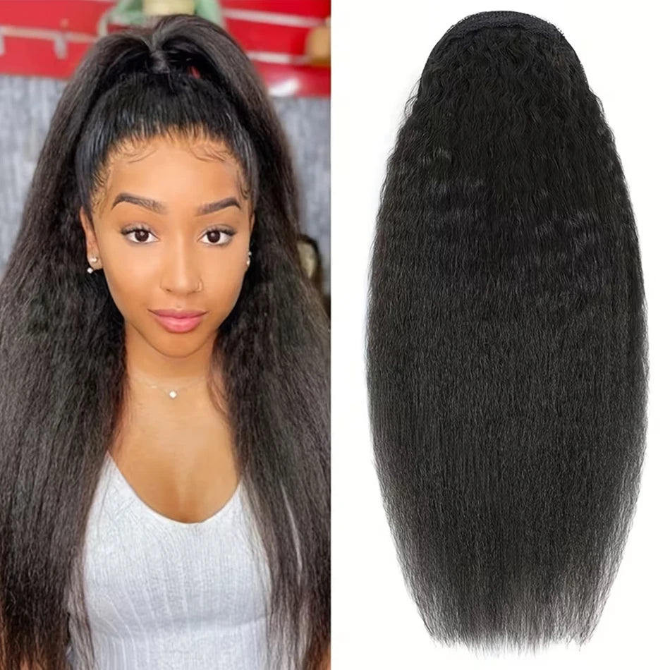 Human Hair Kinky Straight Ponytails Drawstring Extension 12-24 Inch Yaki Straight Hair Clip in Pony Tail for Black Women