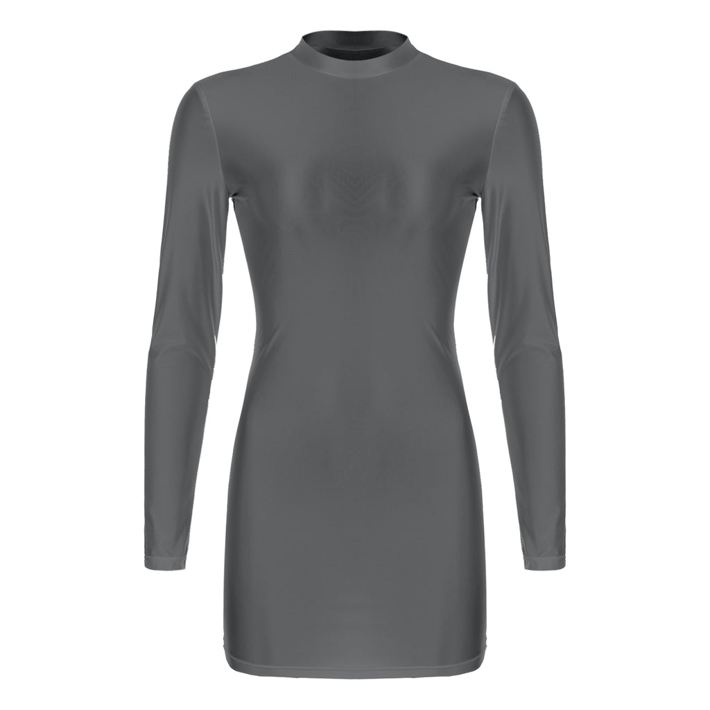 Women Glossy Bodycon Dress Long Sleeve Oil Shiny Smooth Mini Pencil Dress Stretchy Mock Neck Tight  Party Dresses Dance Clubwear