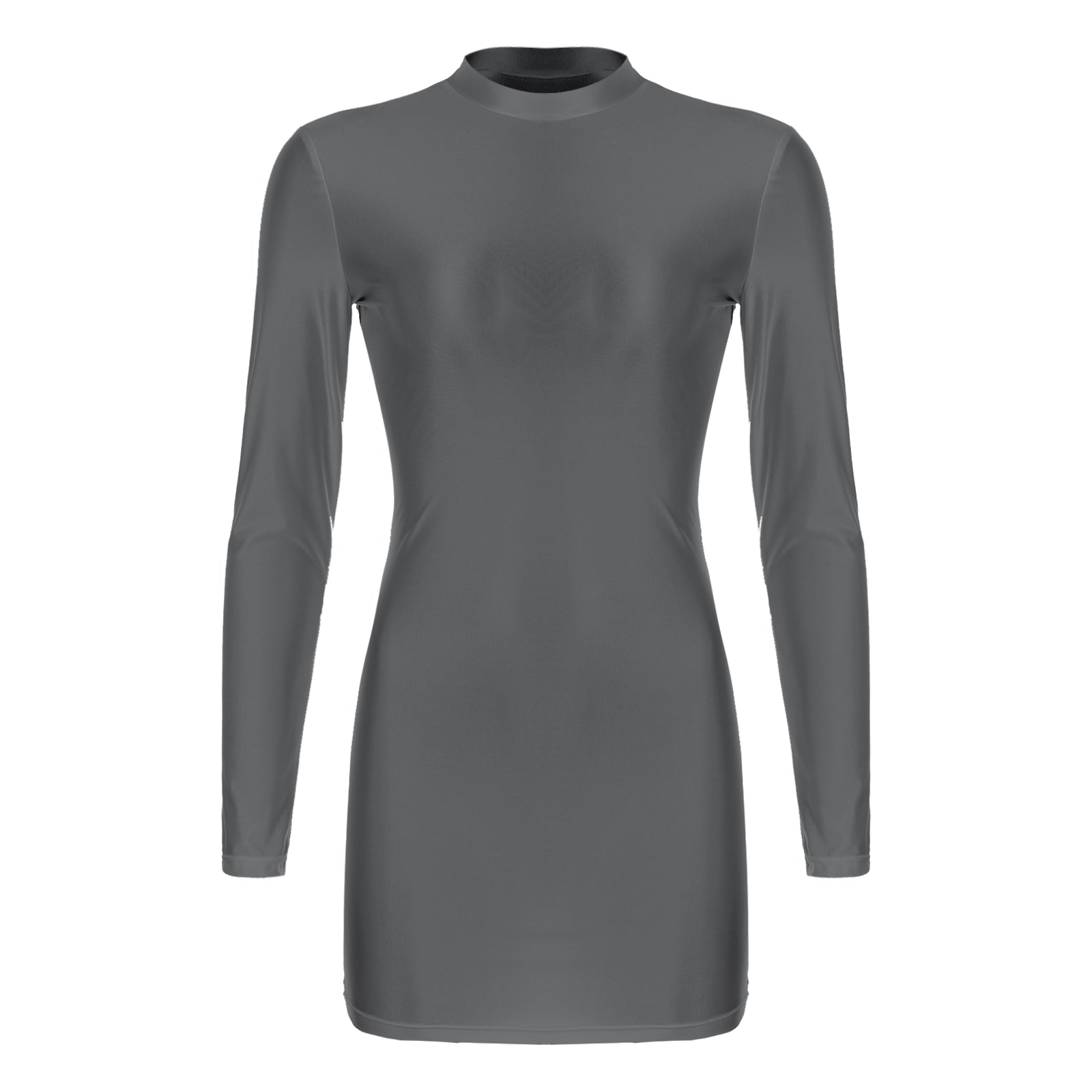Women Glossy Bodycon Dress Long Sleeve Oil Shiny Smooth Mini Pencil Dress Stretchy Mock Neck Tight  Party Dresses Dance Clubwear
