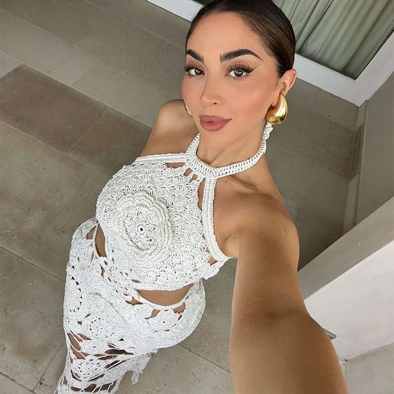 Knitted Crochet Hook Flower Halter Dress Women Slim Lace Up Off Shoulder Backless Party Dresses Female Summer Lady Beach Robes