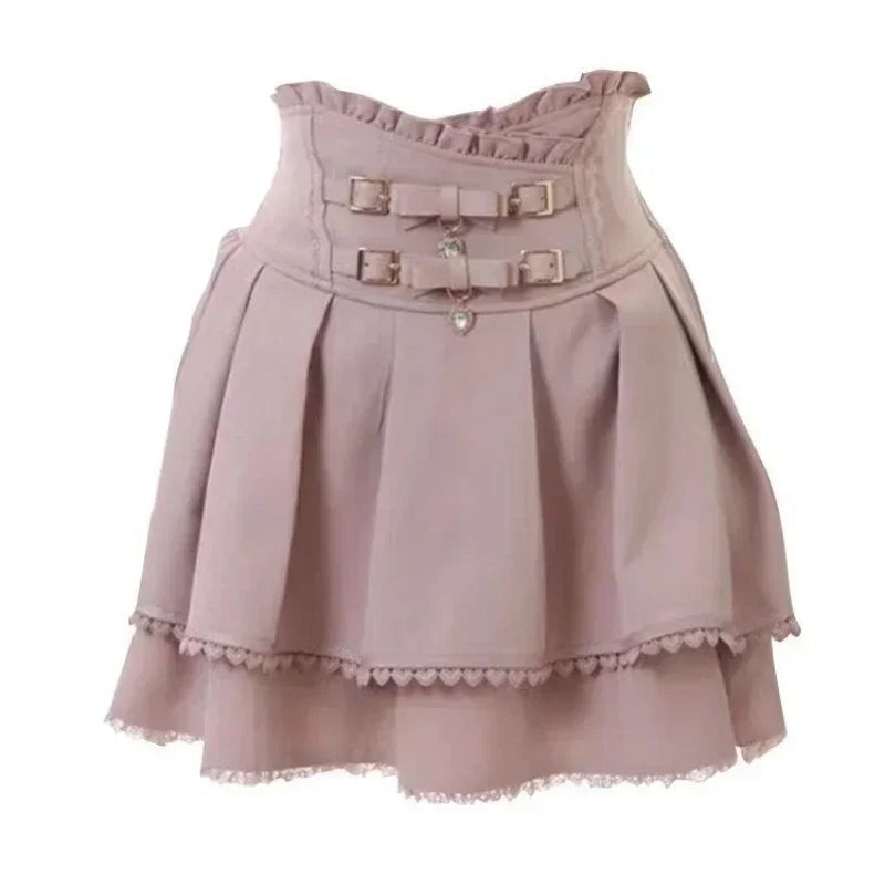 Japanese Kawaii Mini Cake Skirts Womens JK Jupe Fairy Bandage Lolita High Waist Y2k Aesthetic Sweet Lace Gothic Faldas Skirt