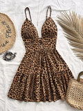4-Color Leopard Printed Sexy Camisole Dress Women Sleeveless Backless Mini Dress Summer Vacation Dresses