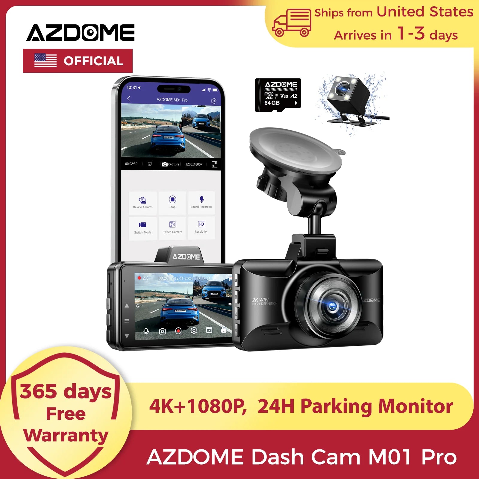 AZDOME 4K Dash Cam M01 Pro 3" Screen Front and Rear Camera for Car Built-in ADAS Wifi G-Sensor Car DVR 24H Parking Mode