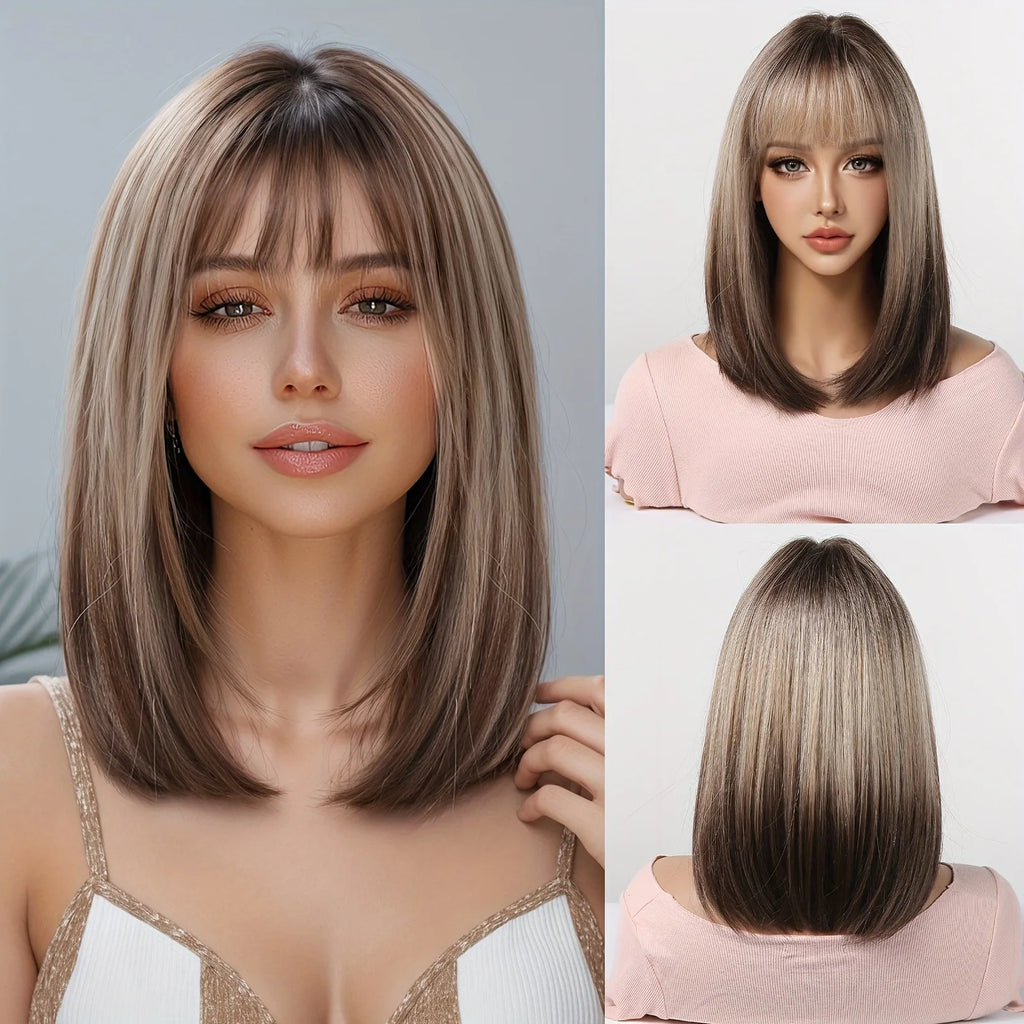 Elegant straight hair wig, 40.64 cm, champagne gold gradient synthetic wig, brownish-black hair roots, high-temperature fiber, l