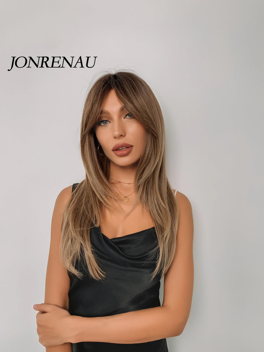 JONRENAU Long Straight Hair with Bangs Ombre Dark Black Brown to Blonde Synthetic Wigs for Women Party Daily Cosplay Use Wig