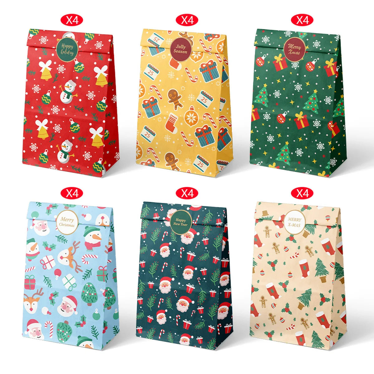 12/24pcs Retro Christmas Kraft Paper Bags Xmas Party Favor Bag Gift Pouch Holiday Present Wrapping Supplies Christmas Gift
