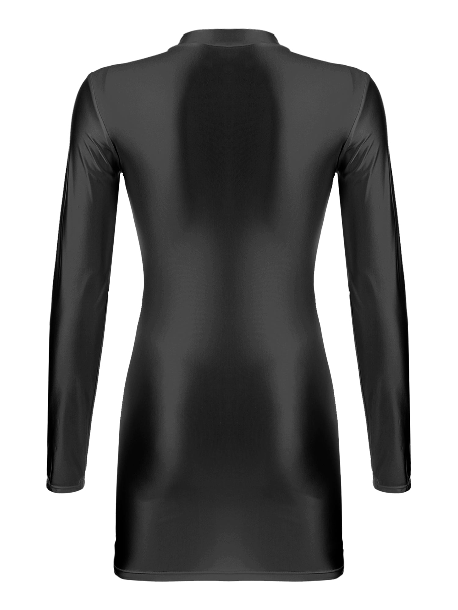 Women Glossy Bodycon Dress Long Sleeve Oil Shiny Smooth Mini Pencil Dress Stretchy Mock Neck Tight  Party Dresses Dance Clubwear