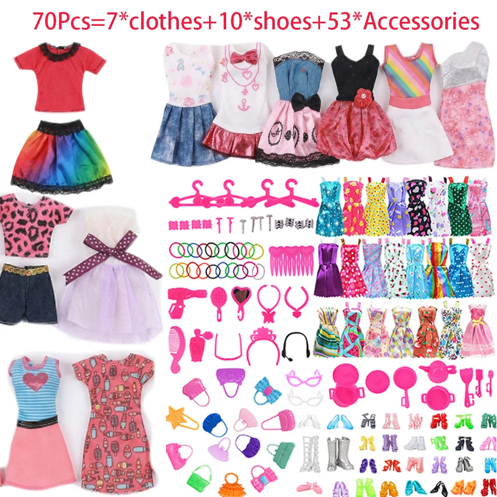70Pcs Doll Accessories=7*Clothes+10*Shoes+53*Accessories Dresses Kitchenware Comb Bag Necklace For 30cm Doll Accessories Gifts