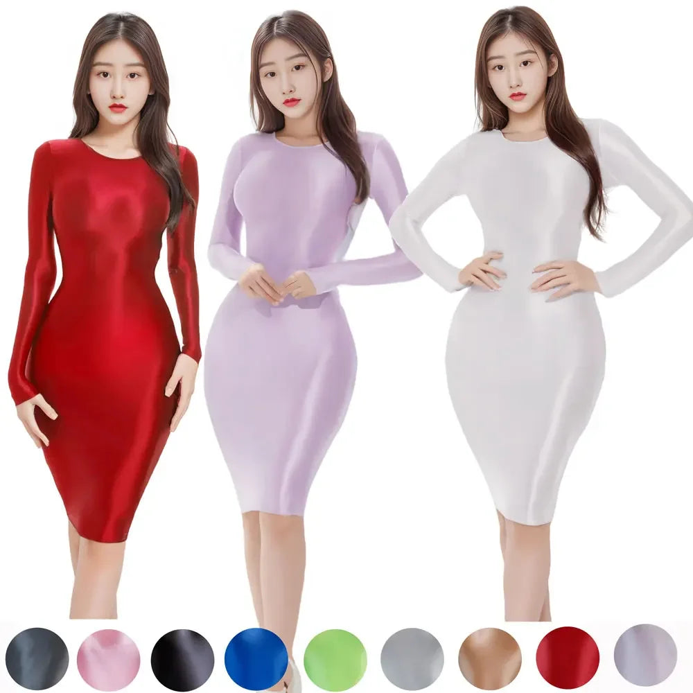 Sexy Satin Shiny Pencil Dresses Package Hip One Step Dresses Women's Elegant Party Bodycon Elastic Miniskirts New In Now