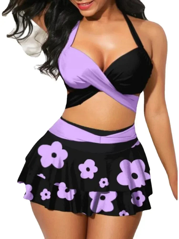 2026 Women Summer Swimsuit Push Up 2 Piece Bikini Set Female High Waist Sports Swimwear With Cover Up Skirt Bathing Suit S-3XL
