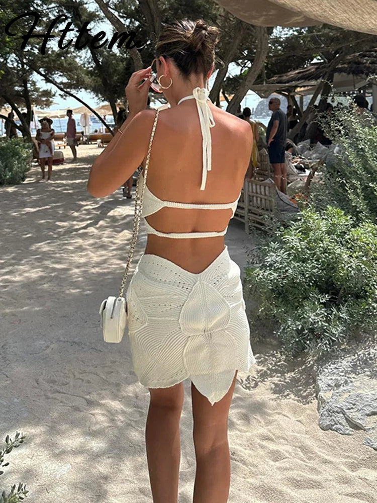 Knitted Crochet Hook Flower Halter Dress Women Slim Lace Up Off Shoulder Backless Party Dresses Female Summer Lady Beach Robes