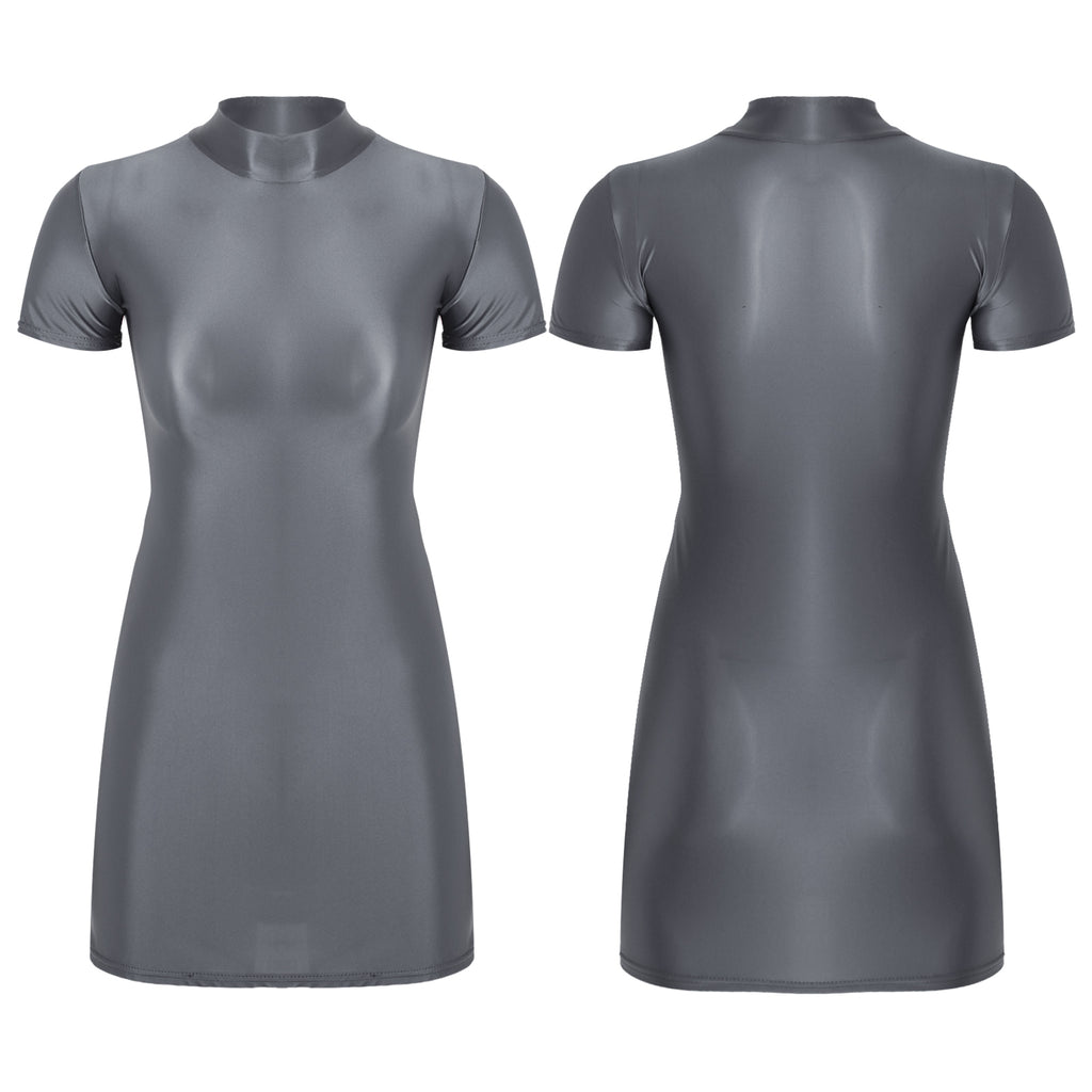 Women Glossy Bodycon Dress Long Sleeve Oil Shiny Smooth Mini Pencil Dress Stretchy Mock Neck Tight  Party Dresses Dance Clubwear