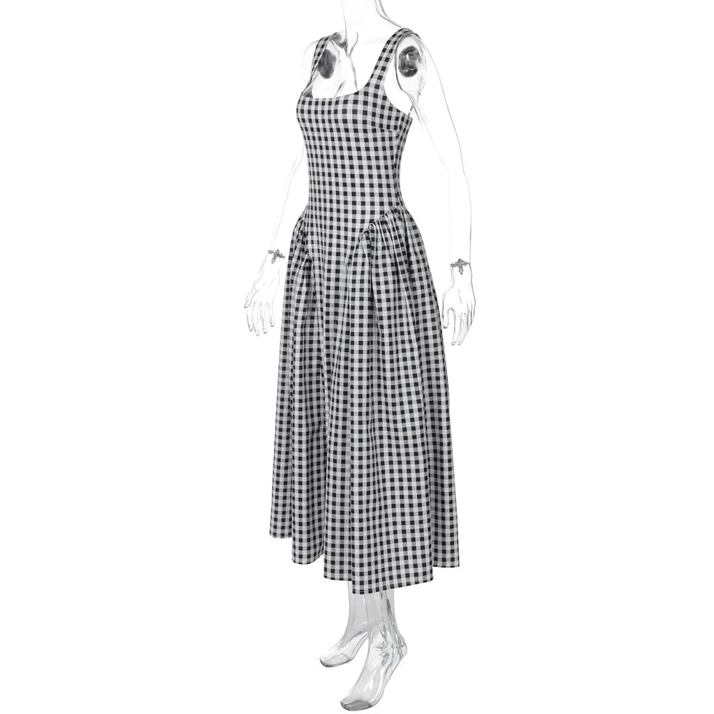 Lady Solid Sleeveless Sling Dress Backless Slim Pleated Hem Square Neck Plaid A-line Dresses Women Vacation Summer Midi Robes