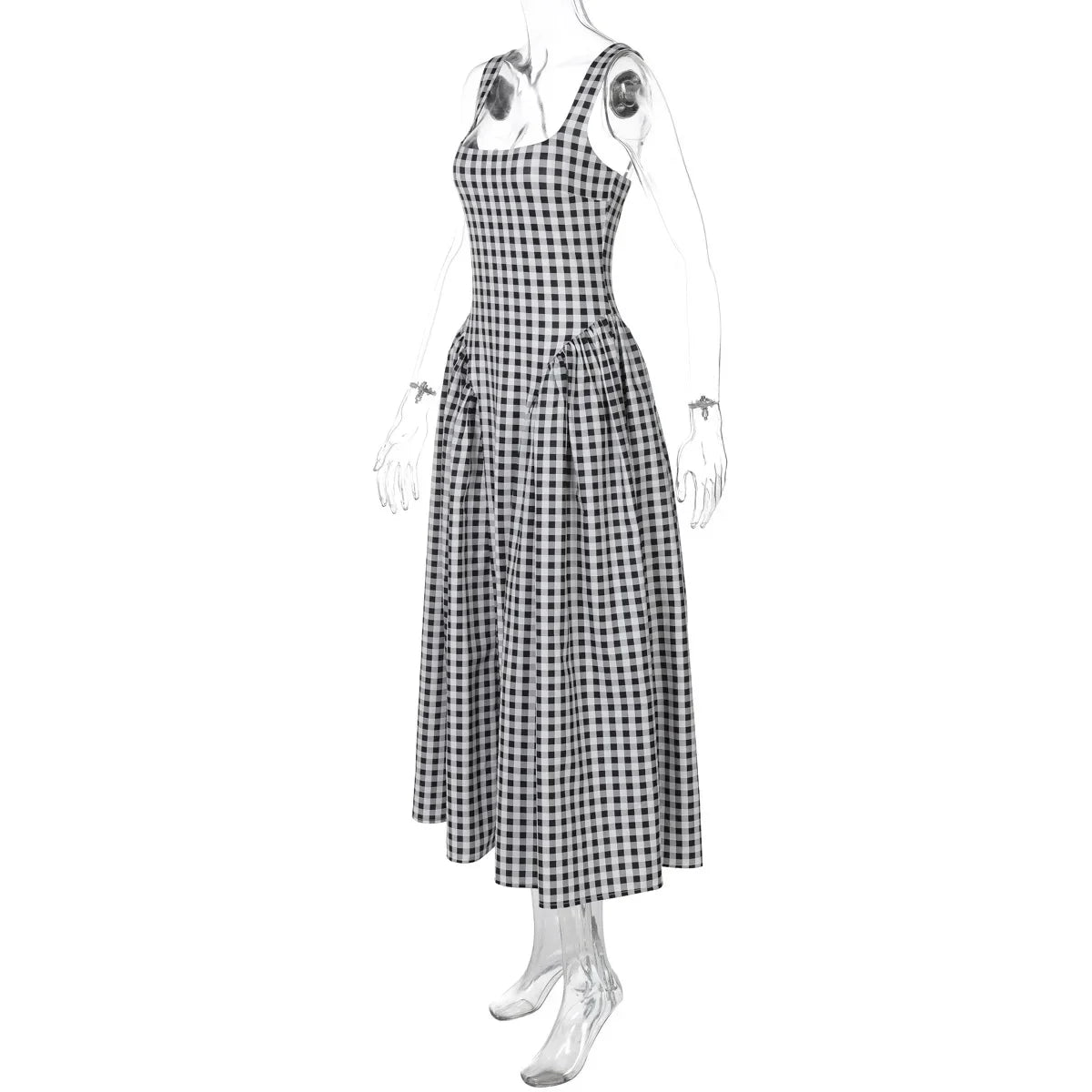 Lady Solid Sleeveless Sling Dress Backless Slim Pleated Hem Square Neck Plaid A-line Dresses Women Vacation Summer Midi Robes