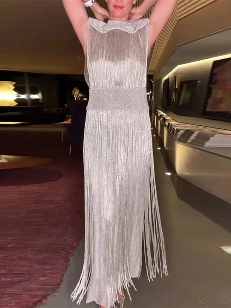 Fringed Sequin Long Dress Tassel Glitter Sleeveless Party Gown Waisted Cinched Elegant O-neck Fringed Dresses Women 2 Piece Set