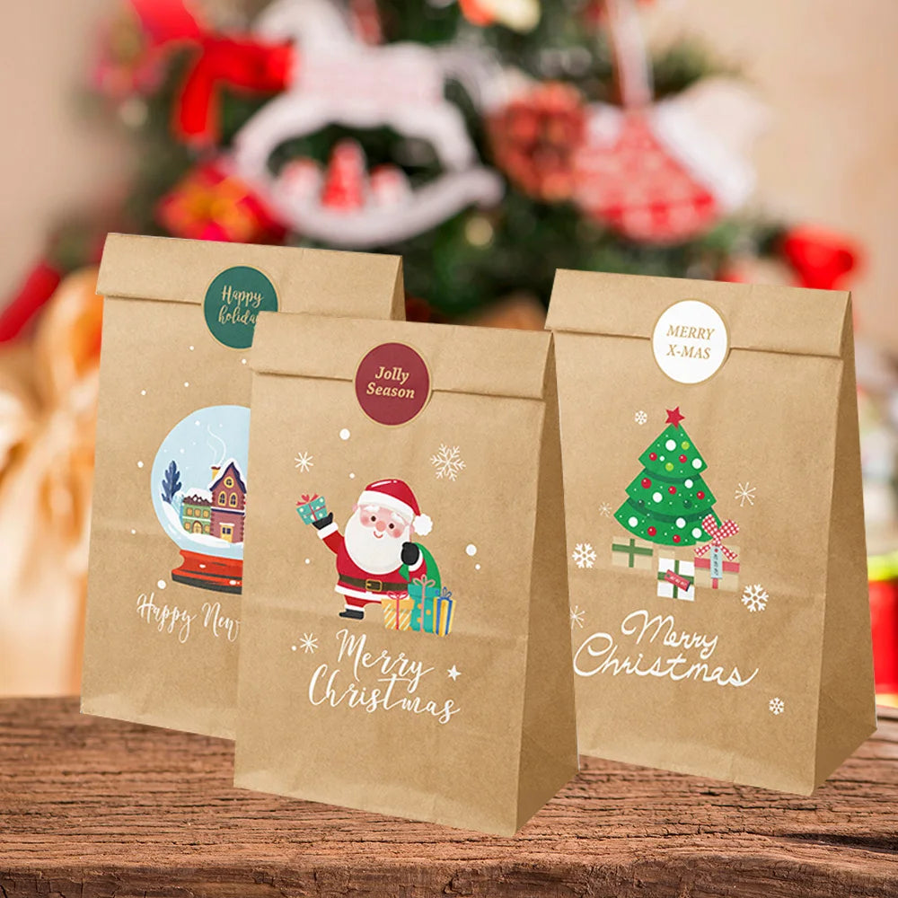12/24pcs Retro Christmas Kraft Paper Bags Xmas Party Favor Bag Gift Pouch Holiday Present Wrapping Supplies Christmas Gift