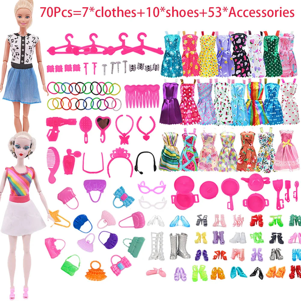 70Pcs Doll Accessories=7*Clothes+10*Shoes+53*Accessories Dresses Kitchenware Comb Bag Necklace For 30cm Doll Accessories Gifts